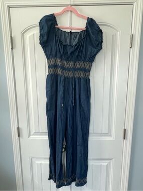 Indigo & Lace Smocked Blue Puff-Sleeve Jumpsuit Sz: 16
